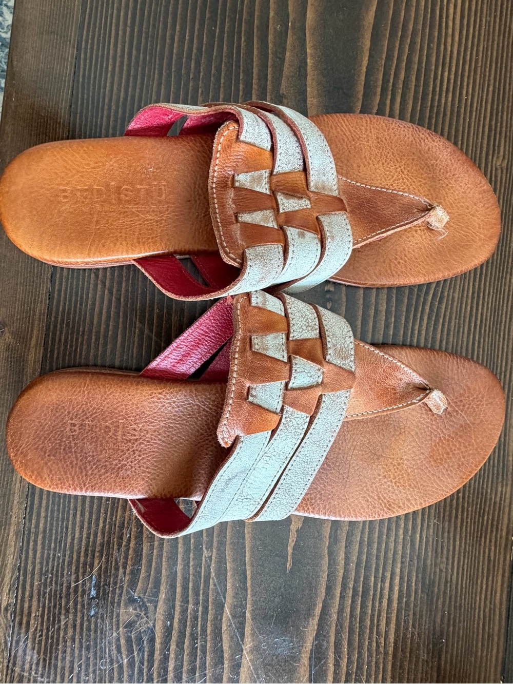 BED|STU Two-Tone Leather Thong Sandals — Tan and Silver-Gray